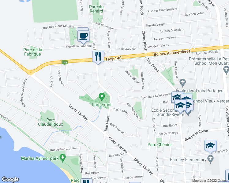 map of restaurants, bars, coffee shops, grocery stores, and more near 138 Rue Bourgeau Nord in Gatineau