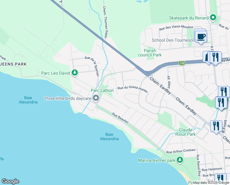 map of restaurants, bars, coffee shops, grocery stores, and more near 21 Place de la Proue in Gatineau