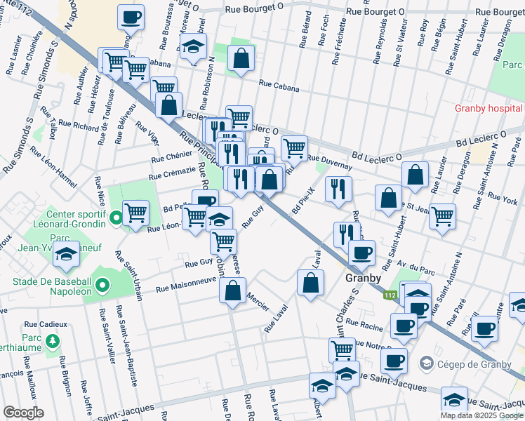 map of restaurants, bars, coffee shops, grocery stores, and more near 11 Rue Guy in Granby