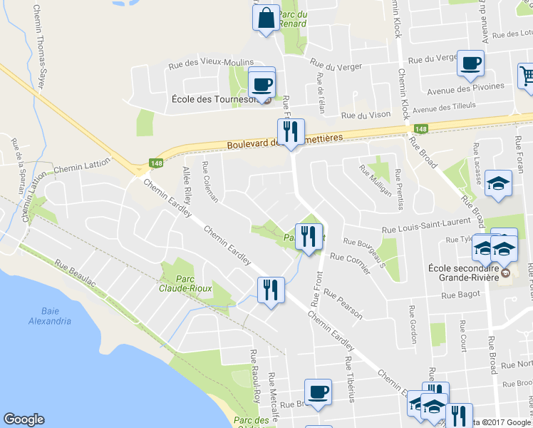 map of restaurants, bars, coffee shops, grocery stores, and more near 53 Rue de la Terrasse-Eardley in Gatineau