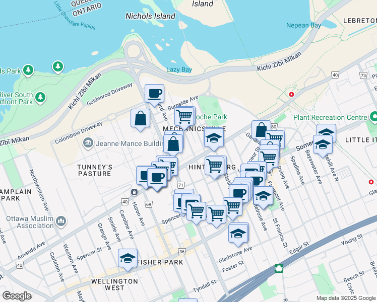 map of restaurants, bars, coffee shops, grocery stores, and more near 202 Hinchey Avenue in Ottawa