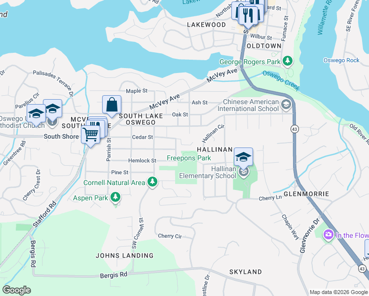 map of restaurants, bars, coffee shops, grocery stores, and more near 928 Southwest Cedar Street in Lake Oswego