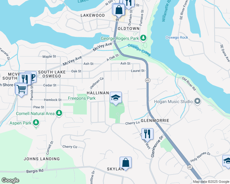 map of restaurants, bars, coffee shops, grocery stores, and more near 1103 Obrien Street in Lake Oswego