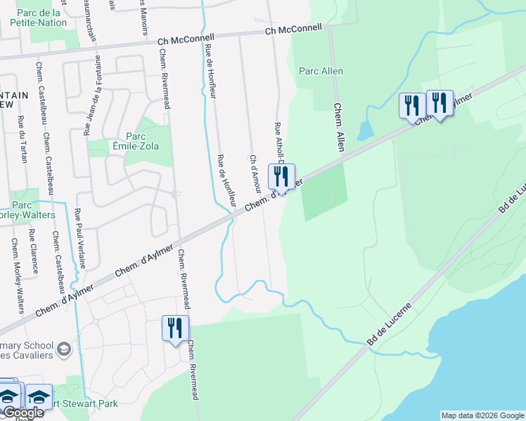 map of restaurants, bars, coffee shops, grocery stores, and more near 102 Chemin d'Amour in Gatineau