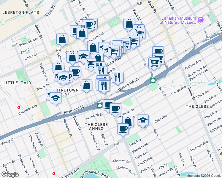 map of restaurants, bars, coffee shops, grocery stores, and more near 298 Arlington Avenue in Ottawa