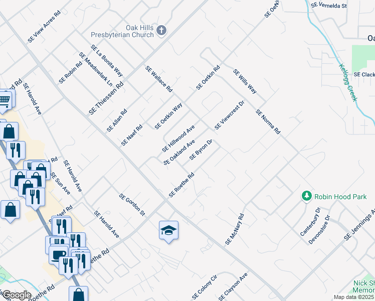map of restaurants, bars, coffee shops, grocery stores, and more near 5304 Southeast Oakland Avenue in Portland