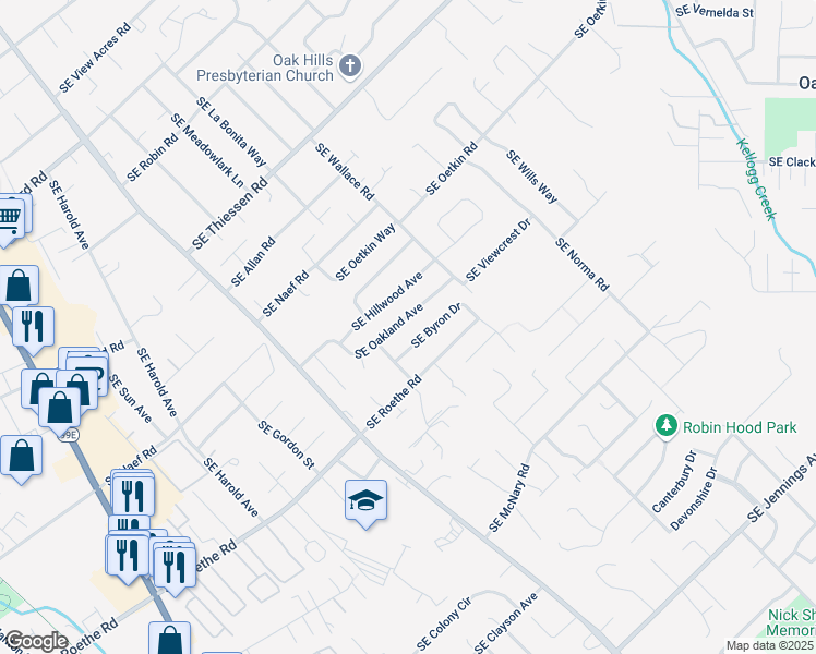 map of restaurants, bars, coffee shops, grocery stores, and more near 5304 Southeast Oakland Avenue in Portland