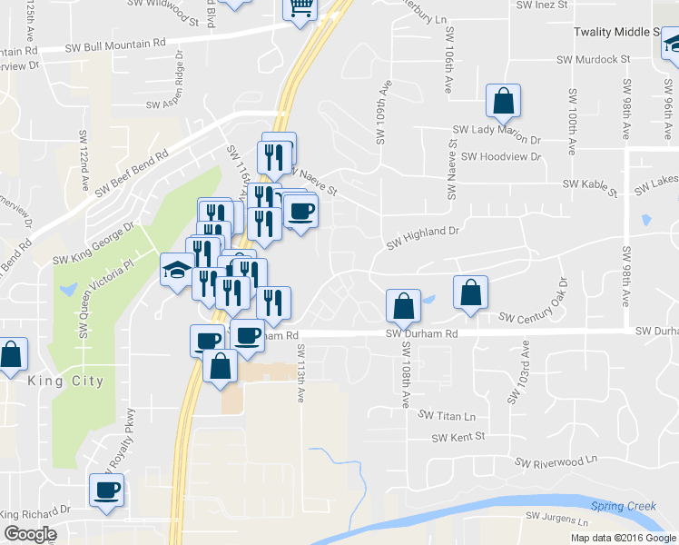 map of restaurants, bars, coffee shops, grocery stores, and more near 8981 Southwest Waverly Drive in Tigard