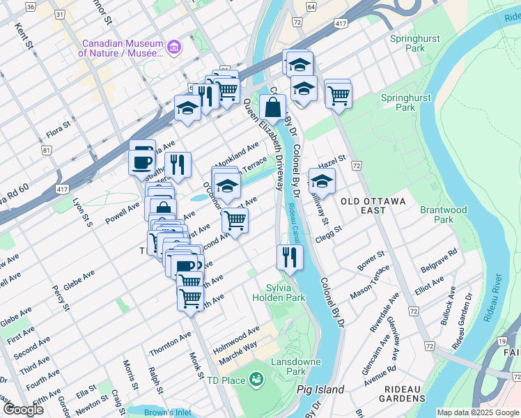 map of restaurants, bars, coffee shops, grocery stores, and more near in Ottawa