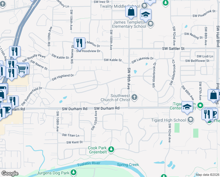 map of restaurants, bars, coffee shops, grocery stores, and more near 15729 Southwest Serena Court in Tigard