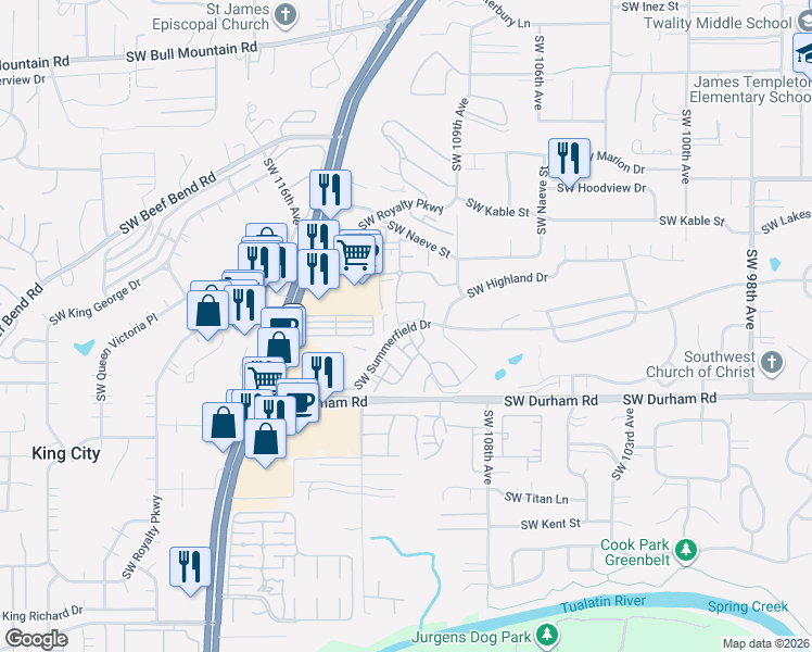 map of restaurants, bars, coffee shops, grocery stores, and more near 15695 Southwest 114th Court in Tigard
