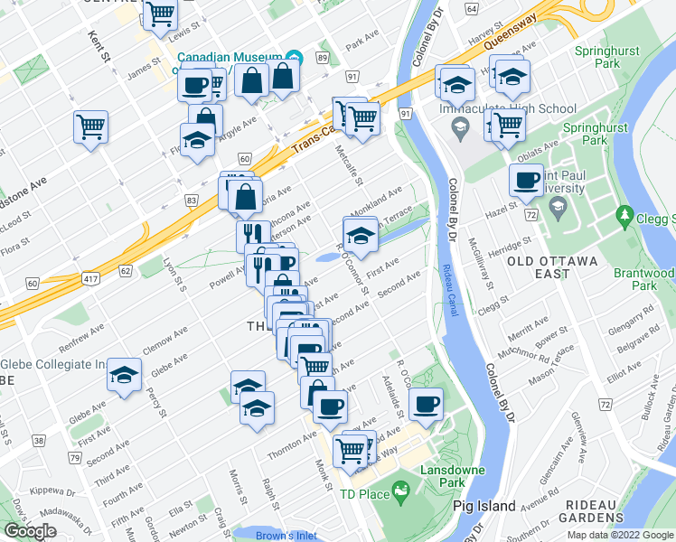 map of restaurants, bars, coffee shops, grocery stores, and more near 58 Glebe Avenue in Ottawa
