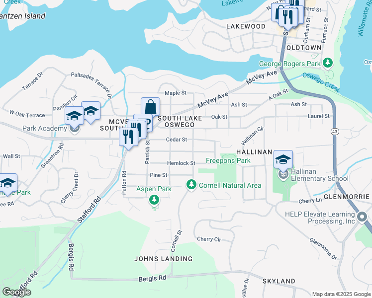 map of restaurants, bars, coffee shops, grocery stores, and more near 1225 Spruce Street in Lake Oswego