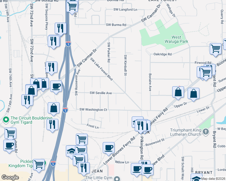 map of restaurants, bars, coffee shops, grocery stores, and more near 5831 Southwest Seville Avenue in Lake Oswego