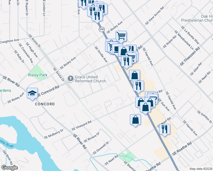 map of restaurants, bars, coffee shops, grocery stores, and more near 3500 Southeast Concord Road in Milwaukie