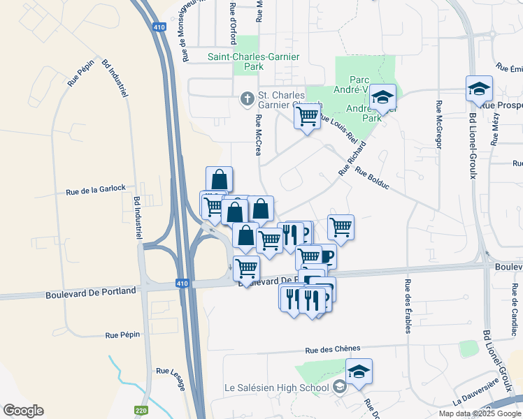 map of restaurants, bars, coffee shops, grocery stores, and more near 3684 Rue Duclos in Sherbrooke