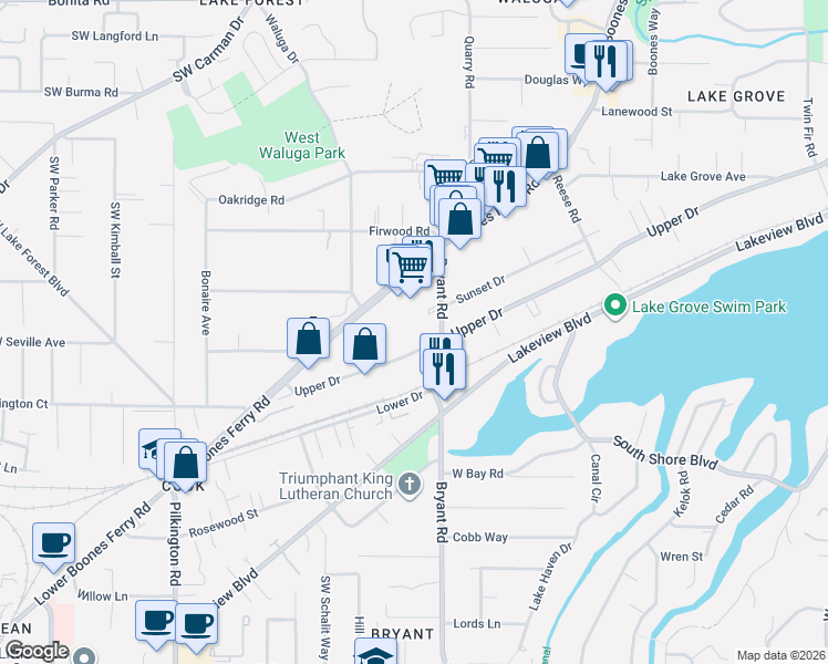 map of restaurants, bars, coffee shops, grocery stores, and more near 4579 Upper Drive in Lake Oswego