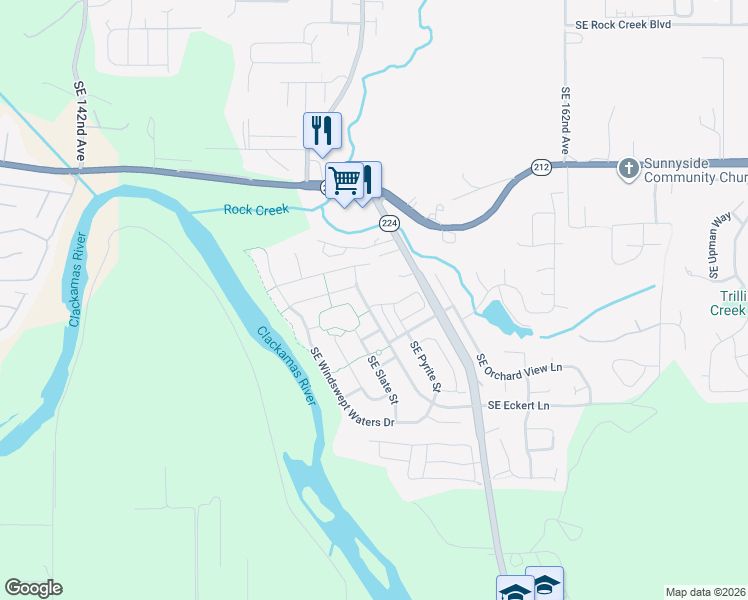 map of restaurants, bars, coffee shops, grocery stores, and more near 15413 Southeast Cobalt Loop in Damascus
