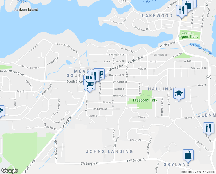 map of restaurants, bars, coffee shops, grocery stores, and more near 1429 Spruce Street in Lake Oswego