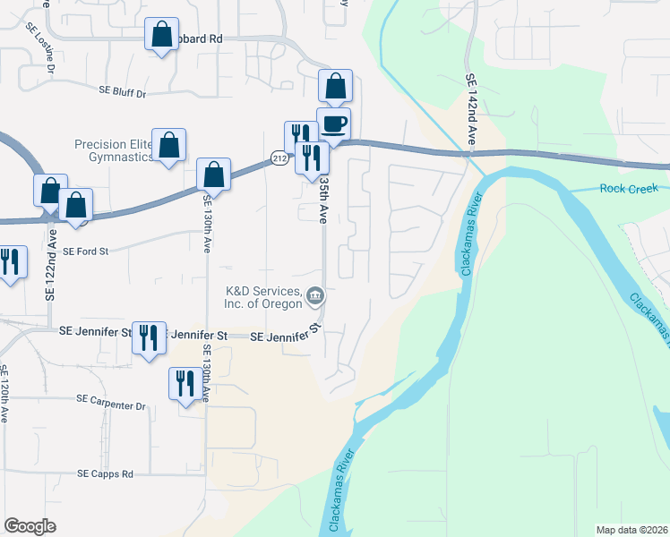map of restaurants, bars, coffee shops, grocery stores, and more near 6160 Southeast Doe Court in Clackamas