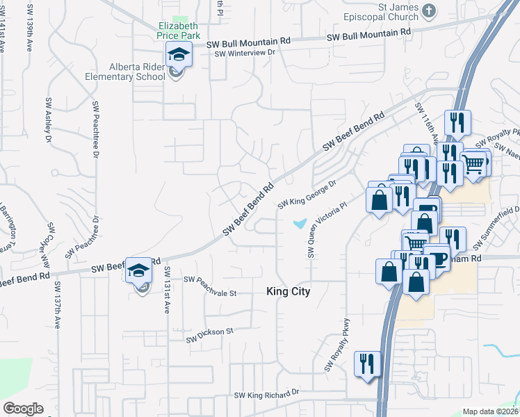 map of restaurants, bars, coffee shops, grocery stores, and more near 12671 Southwest Prince Edward Court in King City