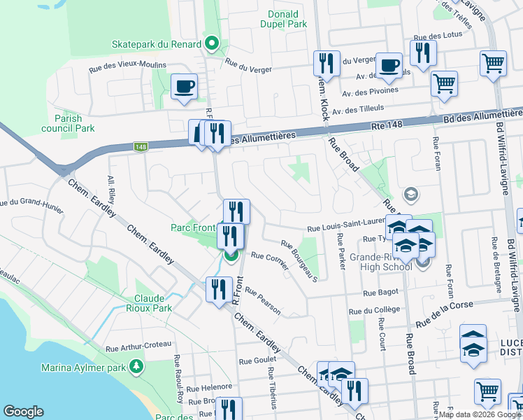 map of restaurants, bars, coffee shops, grocery stores, and more near 121 Rue Bourgeau Nord in Gatineau