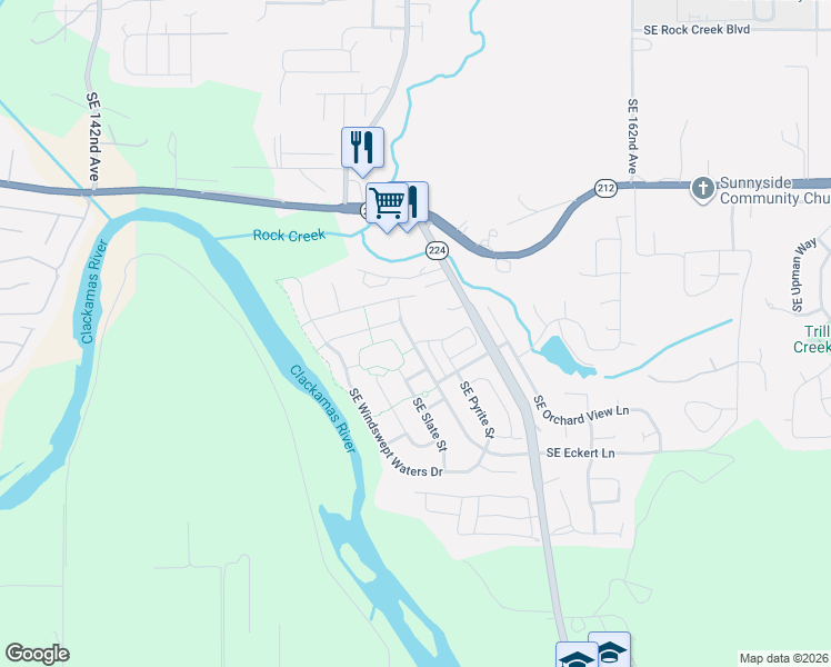 map of restaurants, bars, coffee shops, grocery stores, and more near 15401 Southeast Cobalt Loop in Damascus