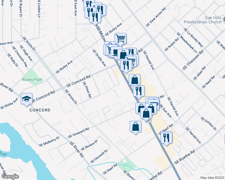 map of restaurants, bars, coffee shops, grocery stores, and more near 16031 Southeast McLoughlin Boulevard in Milwaukie