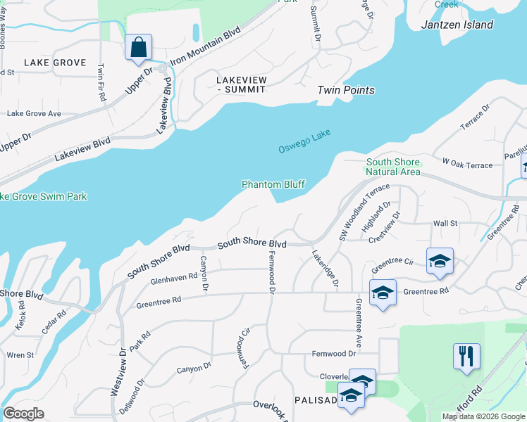 map of restaurants, bars, coffee shops, grocery stores, and more near 16351 Southwest Phantom Bluff Court in Lake Oswego