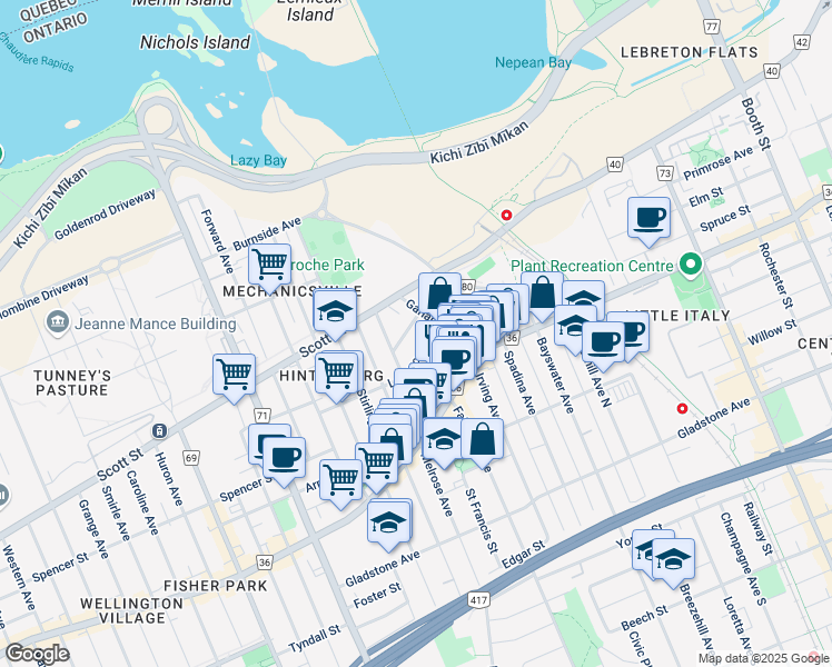 map of restaurants, bars, coffee shops, grocery stores, and more near in Ottawa