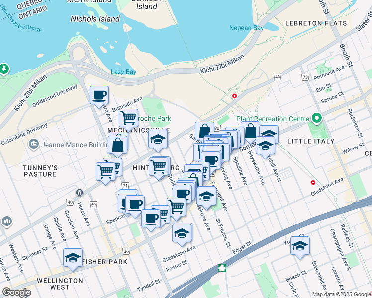 map of restaurants, bars, coffee shops, grocery stores, and more near in Ottawa