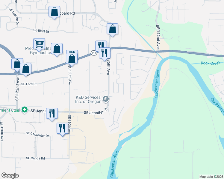 map of restaurants, bars, coffee shops, grocery stores, and more near 13640 Southeast Highway 212 in Clackamas County