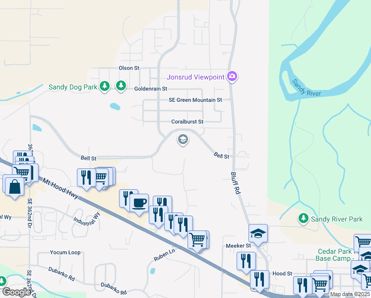 map of restaurants, bars, coffee shops, grocery stores, and more near 37400 Bell Street in Sandy