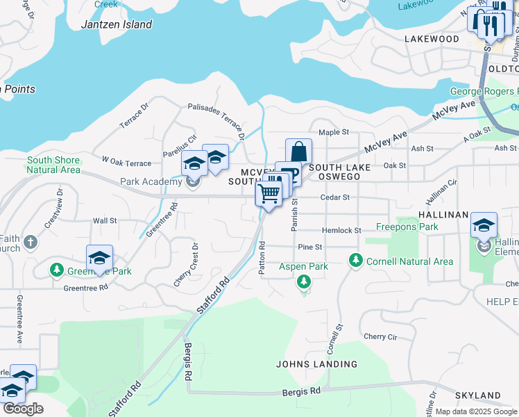 map of restaurants, bars, coffee shops, grocery stores, and more near 1710 South Shore Boulevard in Lake Oswego