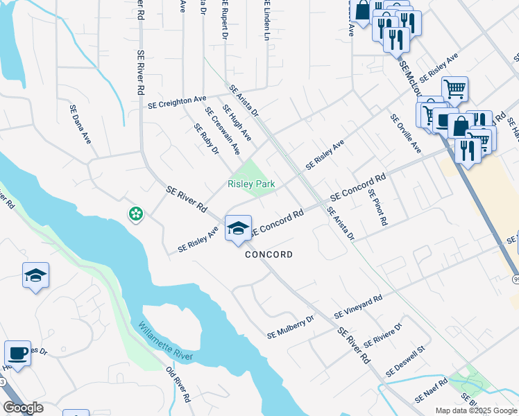 map of restaurants, bars, coffee shops, grocery stores, and more near 2536 Southeast Risley Avenue in Milwaukie