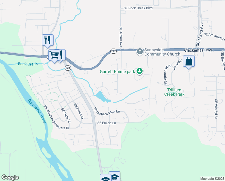 map of restaurants, bars, coffee shops, grocery stores, and more near 16117 Southeast Goosehollow Drive in Damascus