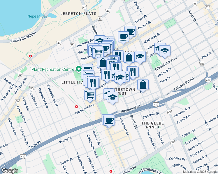 map of restaurants, bars, coffee shops, grocery stores, and more near in Ottawa