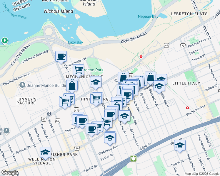 map of restaurants, bars, coffee shops, grocery stores, and more near 19 Merton Street in Ottawa