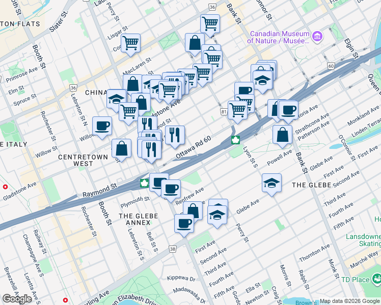 map of restaurants, bars, coffee shops, grocery stores, and more near in Ottawa