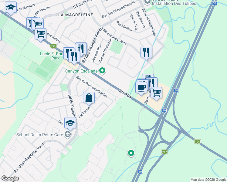 map of restaurants, bars, coffee shops, grocery stores, and more near 1950 Chemin de Saint-Jean in La Prairie