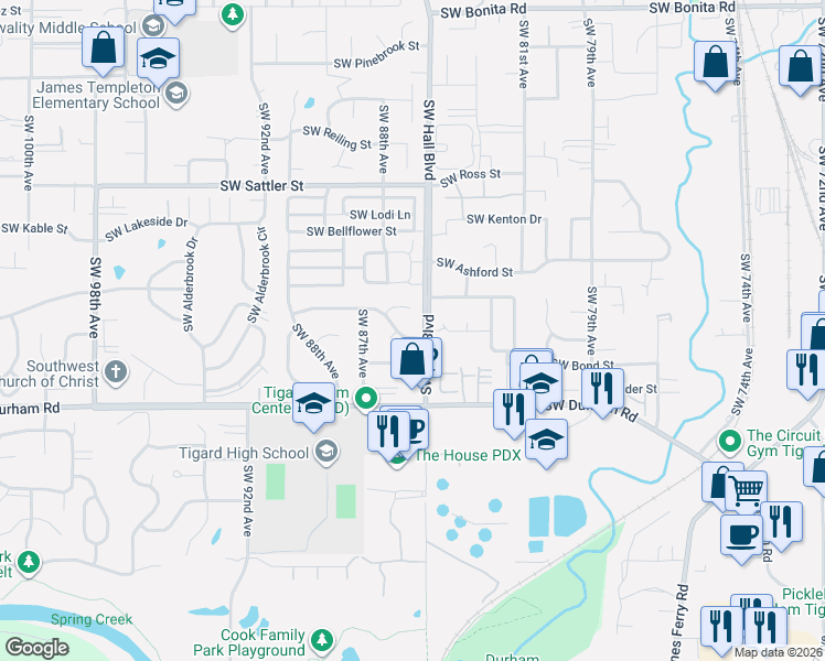 map of restaurants, bars, coffee shops, grocery stores, and more near 8464 Southwest Bonaventure Lane in Tigard