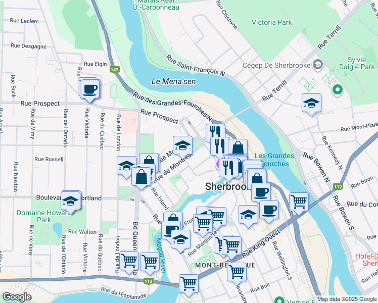 map of restaurants, bars, coffee shops, grocery stores, and more near 241 Rue de Montréal in Sherbrooke