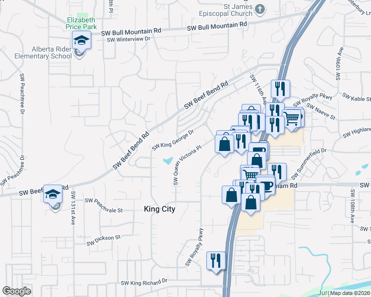 map of restaurants, bars, coffee shops, grocery stores, and more near 15775 Southwest Queen Victoria Place in King City