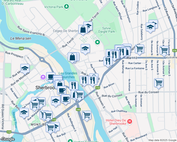 map of restaurants, bars, coffee shops, grocery stores, and more near in Sherbrooke