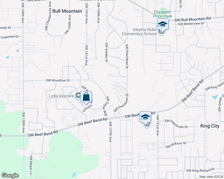 map of restaurants, bars, coffee shops, grocery stores, and more near 13740 Southwest Willow Top Lane in Tigard
