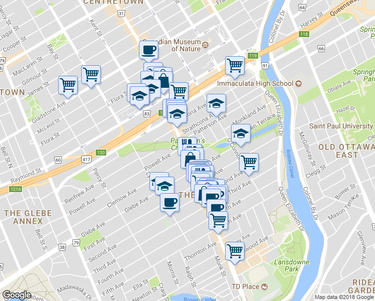 map of restaurants, bars, coffee shops, grocery stores, and more near 661 Bank Street in Ottawa