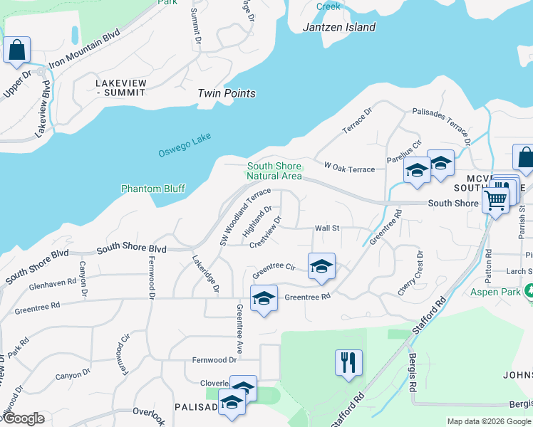 map of restaurants, bars, coffee shops, grocery stores, and more near 1572 Highland Drive in Lake Oswego