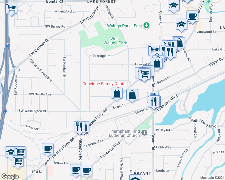 map of restaurants, bars, coffee shops, grocery stores, and more near 5065 Sunset Drive in Lake Oswego