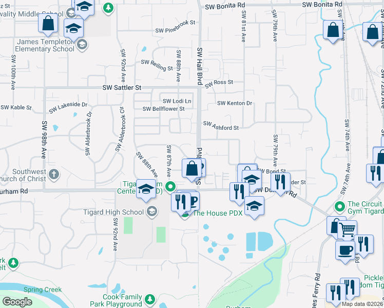 map of restaurants, bars, coffee shops, grocery stores, and more near 8464 Southwest Bonaventure Lane in Tigard