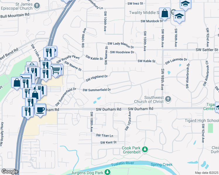 map of restaurants, bars, coffee shops, grocery stores, and more near 10525 Southwest Greenleaf Terrace in Tigard